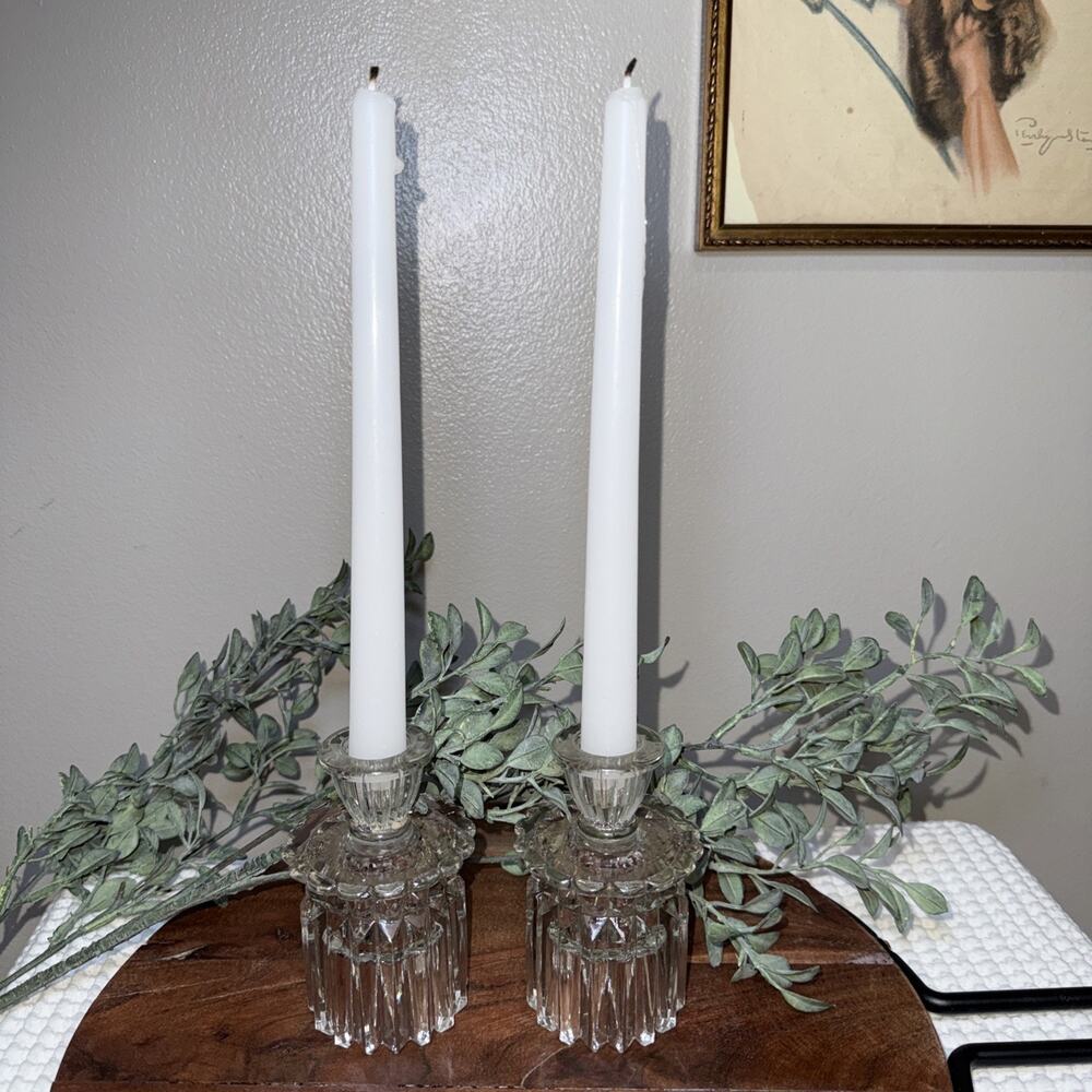 Vtg Cut Glass Reversible Candle Holders Pair Art Deco Style Crystal Look 4.5”